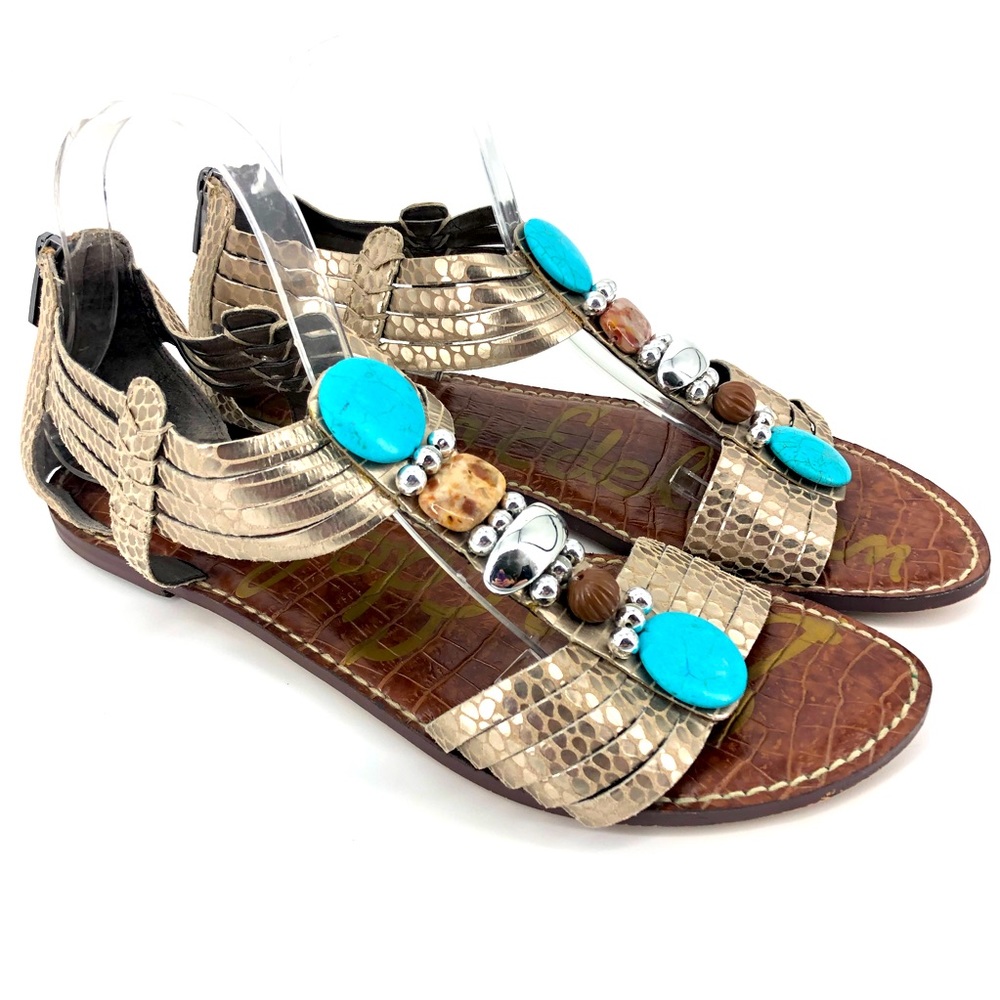 Sam Edelman Gifford Metallic Snakeskin Stone Sandals Turquoise Leather Size 11